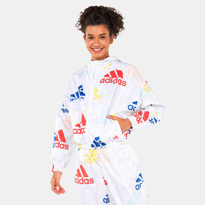 adidas Women's Essentials Multi-Coloured Logo Loose Fit Windbreaker Jacket White adidas Women's Essentials Multi-Coloured Logo Loose Fit Windbreaker Jacket White