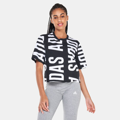 adidas Women's Essentials Oversized Allover Print Cropped T-Shirt Black