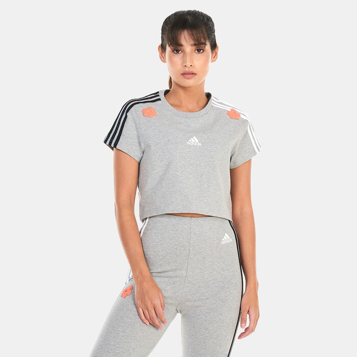 adidas Women's 3-Stripes Flower Patch Cropped T-Shirt Grey adidas Women's 3-Stripes Flower Patch Cropped T-Shirt Grey image number 0