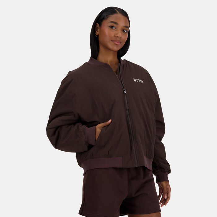 New Balance Women's Linear Heritage Bomber Jacket Brown New Balance Women's Linear Heritage Bomber Jacket Brown image number 1