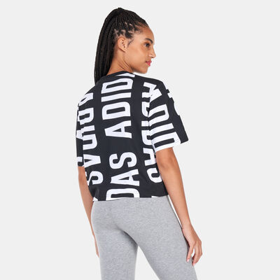 adidas Women's Essentials Oversized Allover Print Cropped T-Shirt Black