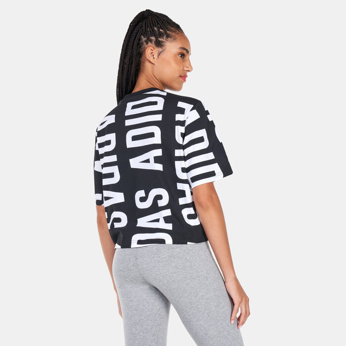 adidas Women's Essentials Oversized Allover Print Cropped T-Shirt Black image number 1