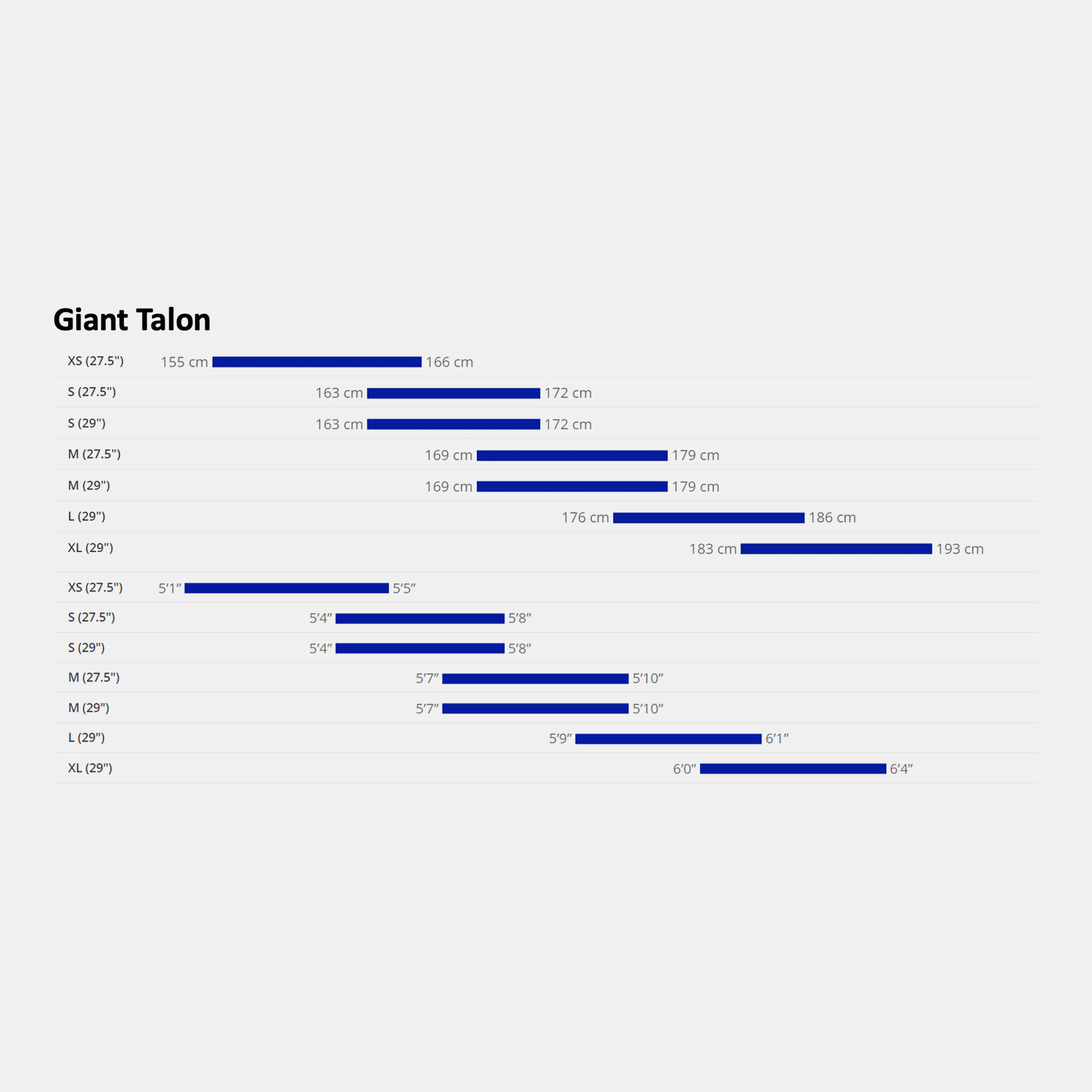 Giant talon 1 size chart on sale