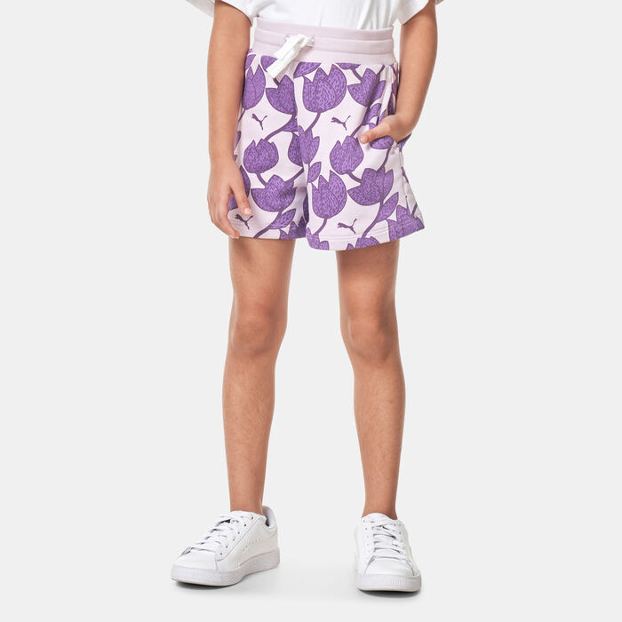 PUMA Kids' Essentials+ Blossom All Over Print Shorts Purple PUMA Kids' Essentials+ Blossom All Over Print Shorts Purple image number 0