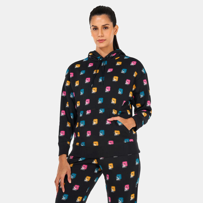 PUMA Women's Brand Love AOP Hoodie Black PUMA Women's Brand Love AOP Hoodie Black image number 0
