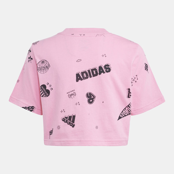 adidas Kids' Brand Love Allover Print Crop T-Shirt Pink image number 1