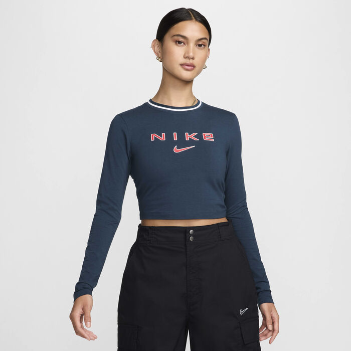 Nike Women's Sportswear Chill Long-Sleeve Cropped Graphic Tee Blue Nike Women's Sportswear Chill Long-Sleeve Cropped Graphic Tee Blue image number 0