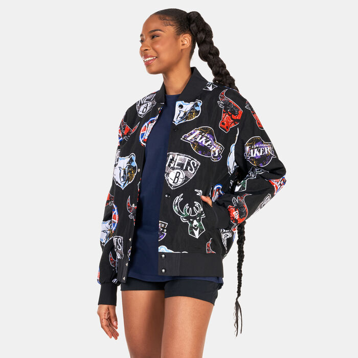 New Era Allover Print NBA Logo Bomber Jacket Black New Era Allover Print NBA Logo Bomber Jacket Black image number 1