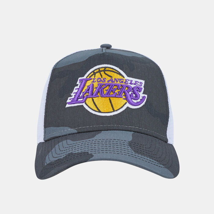 New Era LA Lakers NBA Camo 9FORTY A-Frame Trucker Cap Purple New Era LA Lakers NBA Camo 9FORTY A-Frame Trucker Cap Purple image number 0