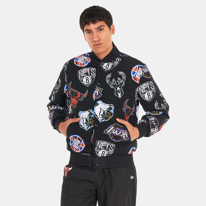 New Era Allover Print NBA Logo Bomber Jacket Black New Era Allover Print NBA Logo Bomber Jacket Black image number 0