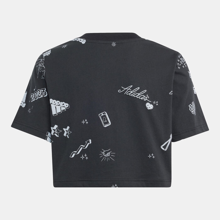 adidas Kids' Brand Love Allover Print Crop T-Shirt Black image number 1