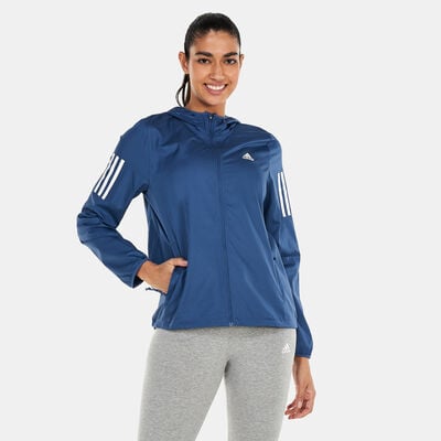 adidas Women's Own the Run Hooded Running Windbreaker Jacket Blue adidas Women's Own the Run Hooded Running Windbreaker Jacket Blue