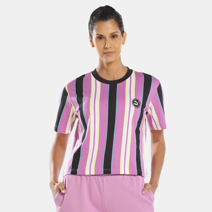 PUMA Women's SWxP All-Over-Print Relaxed T-Shirt Purple PUMA Women's SWxP All-Over-Print Relaxed T-Shirt Purple image number 0