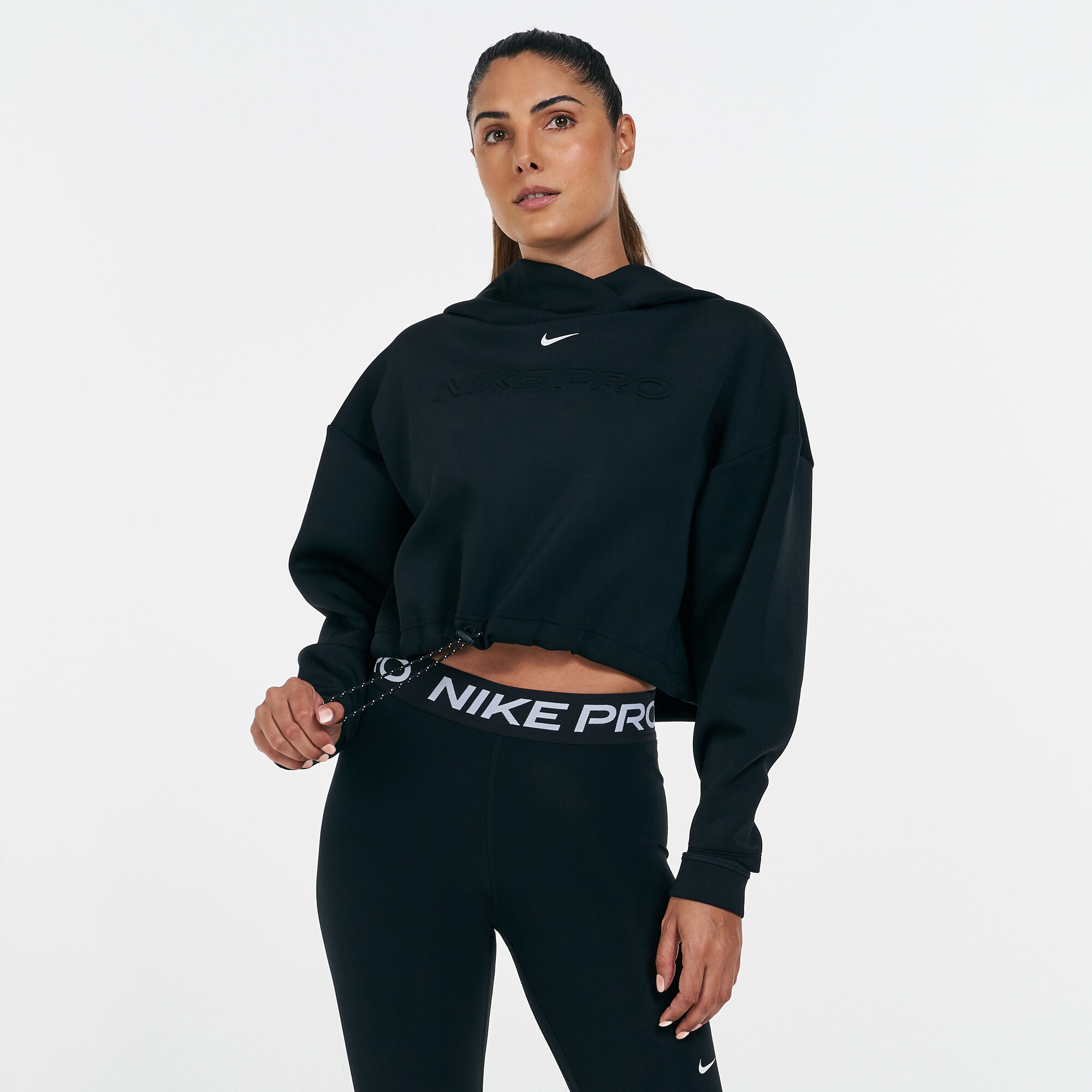 Nike elastic drawcord cropped mini swoosh black sweatshirt clearance