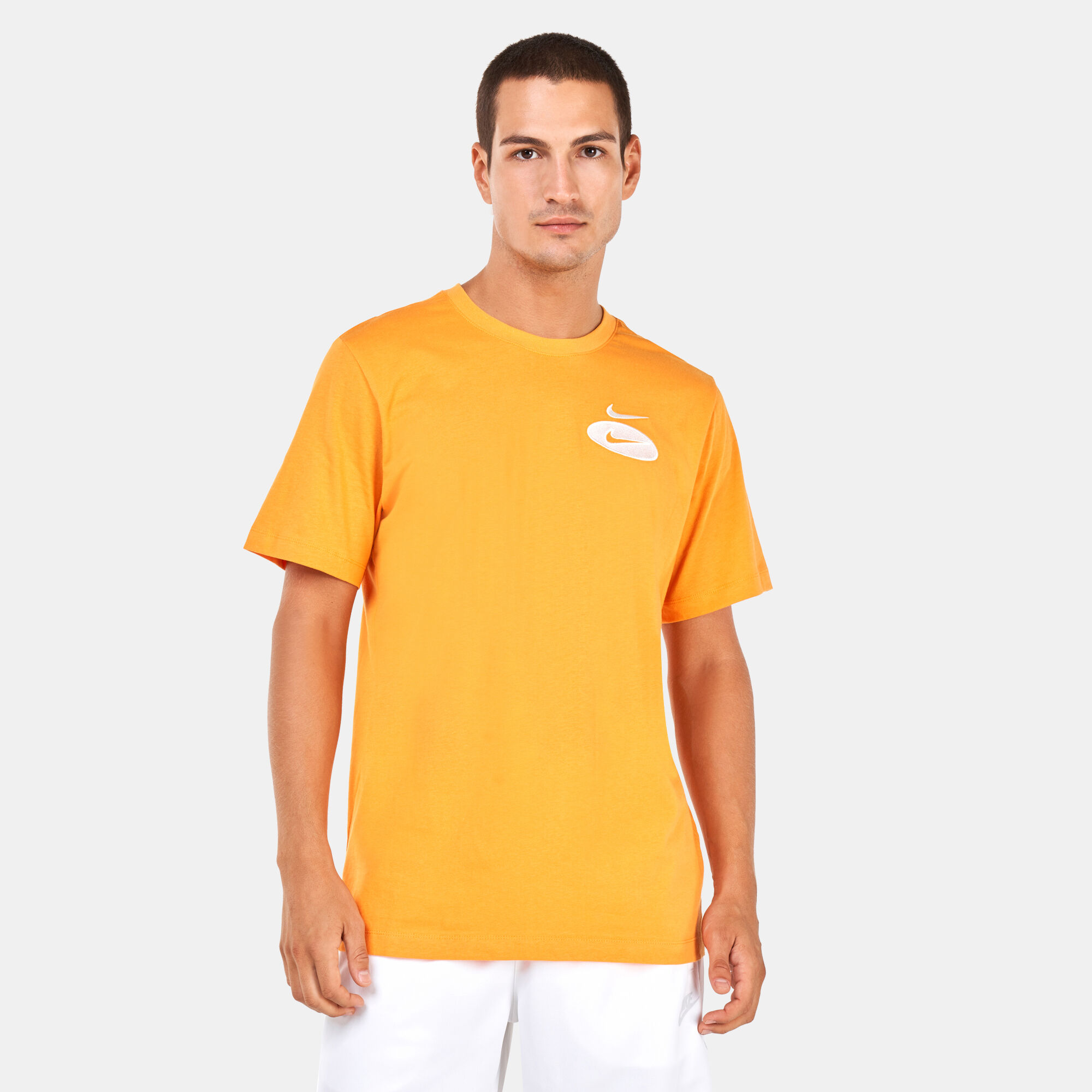 White nike shirt with orange swoosh discount
