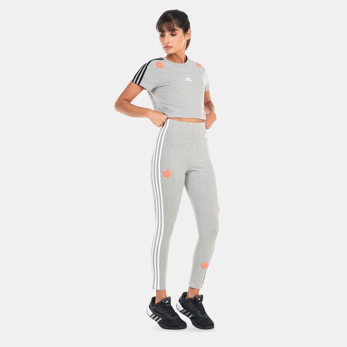 adidas Women's 3-Stripes Flower Patch Cropped T-Shirt Grey adidas Women's 3-Stripes Flower Patch Cropped T-Shirt Grey image number 2