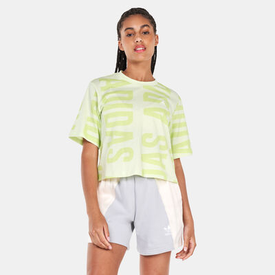 adidas Women's Essentials Oversized Allover Print Cropped T-Shirt Green