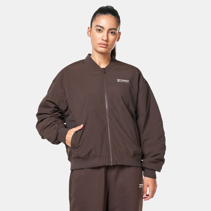 New Balance Women's Linear Heritage Bomber Jacket Brown New Balance Women's Linear Heritage Bomber Jacket Brown image number 0