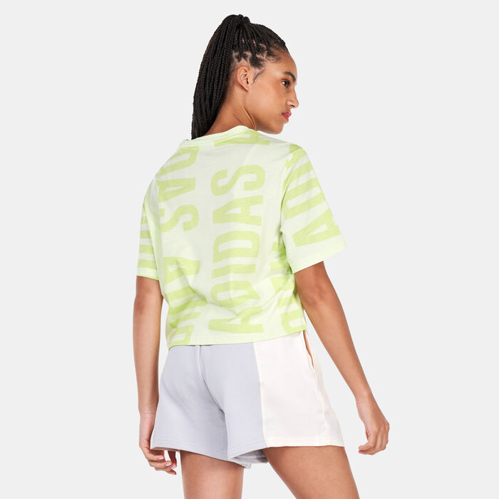 adidas Women's Essentials Oversized Allover Print Cropped T-Shirt Green image number 1