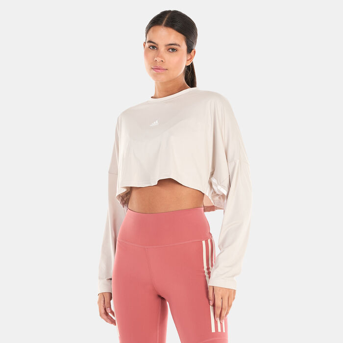 adidas Women's Hyperglam Cut 3-Stripes Lightweight Oversized Sweatshirt Beige image number 0