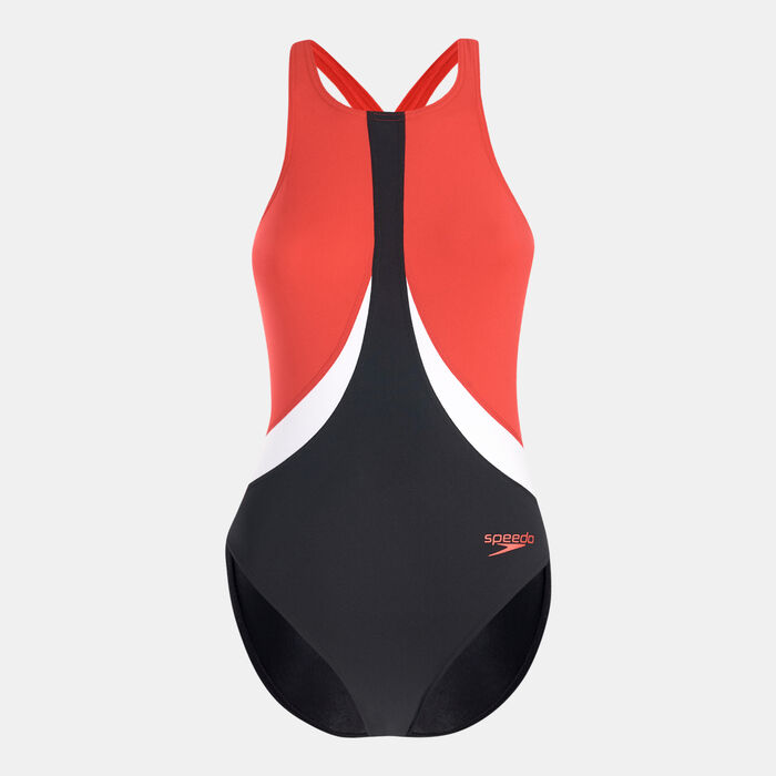 Speedo Women's ColourBlock High Neck Cross Back One-Piece Swimsuit Multi-Color Speedo Women's ColourBlock High Neck Cross Back One-Piece Swimsuit Multi-Color image number 0
