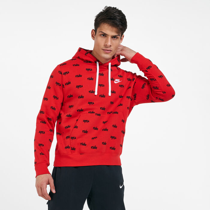 Nike Men's Sportswear Allover Script Club Hoodie Red Nike Men's Sportswear Allover Script Club Hoodie Red image number 0