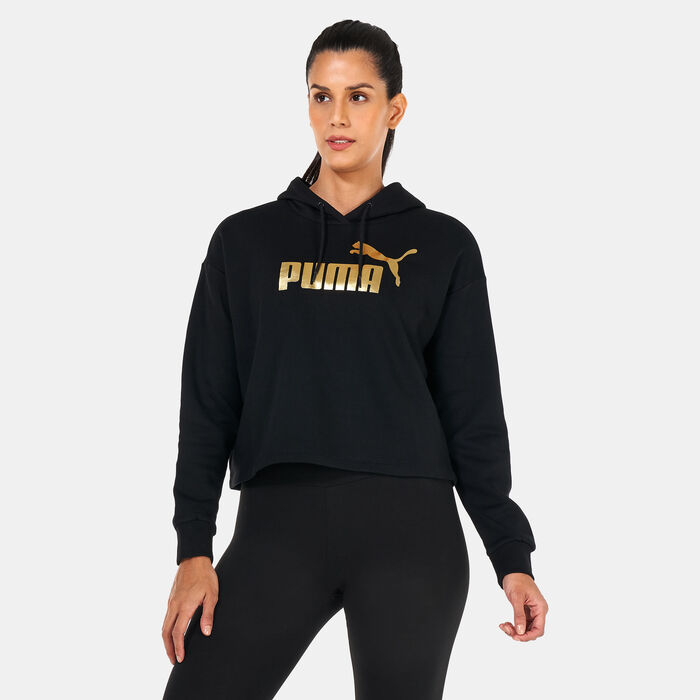 PUMA Women's Essentials+ Metallic Logo Cropped Hoodie Black PUMA Women's Essentials+ Metallic Logo Cropped Hoodie Black image number 0