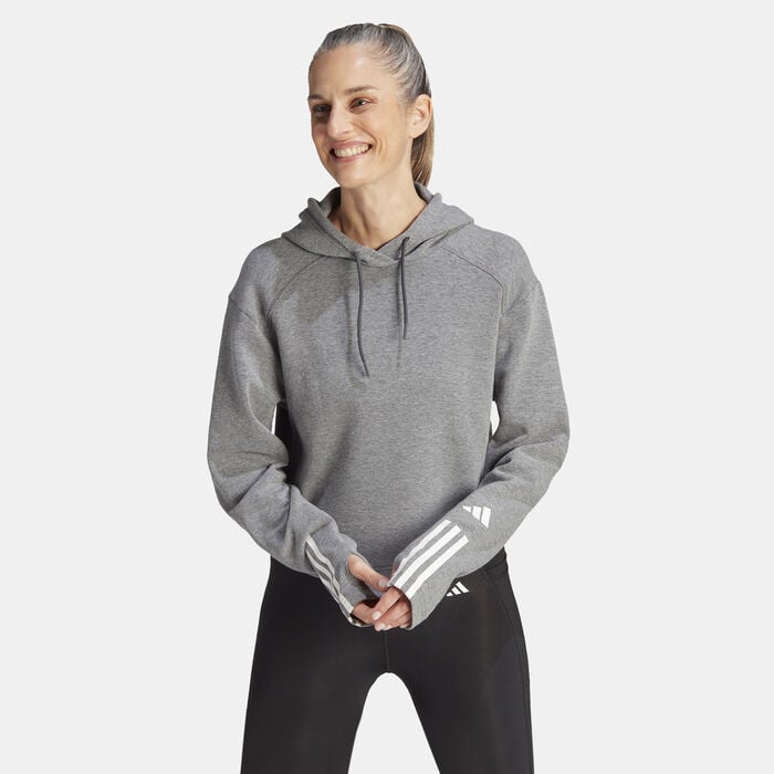 adidas Women's Train Essentials Train Cotton 3-Stripes Hoodie Grey adidas Women's Train Essentials Train Cotton 3-Stripes Hoodie Grey image number 0