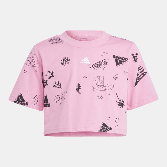adidas Kids' Brand Love Allover Print Crop T-Shirt Pink image number 0