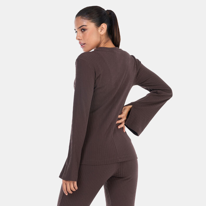 Nike Women's Ribbed Jersey Long-Sleeve V-Neck Top Brown Nike Women's Ribbed Jersey Long-Sleeve V-Neck Top Brown image number 1