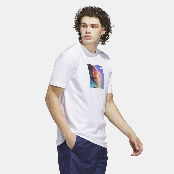 adidas Men's 3-Stripes Lights Hoops Graphic T-Shirt White image number 2