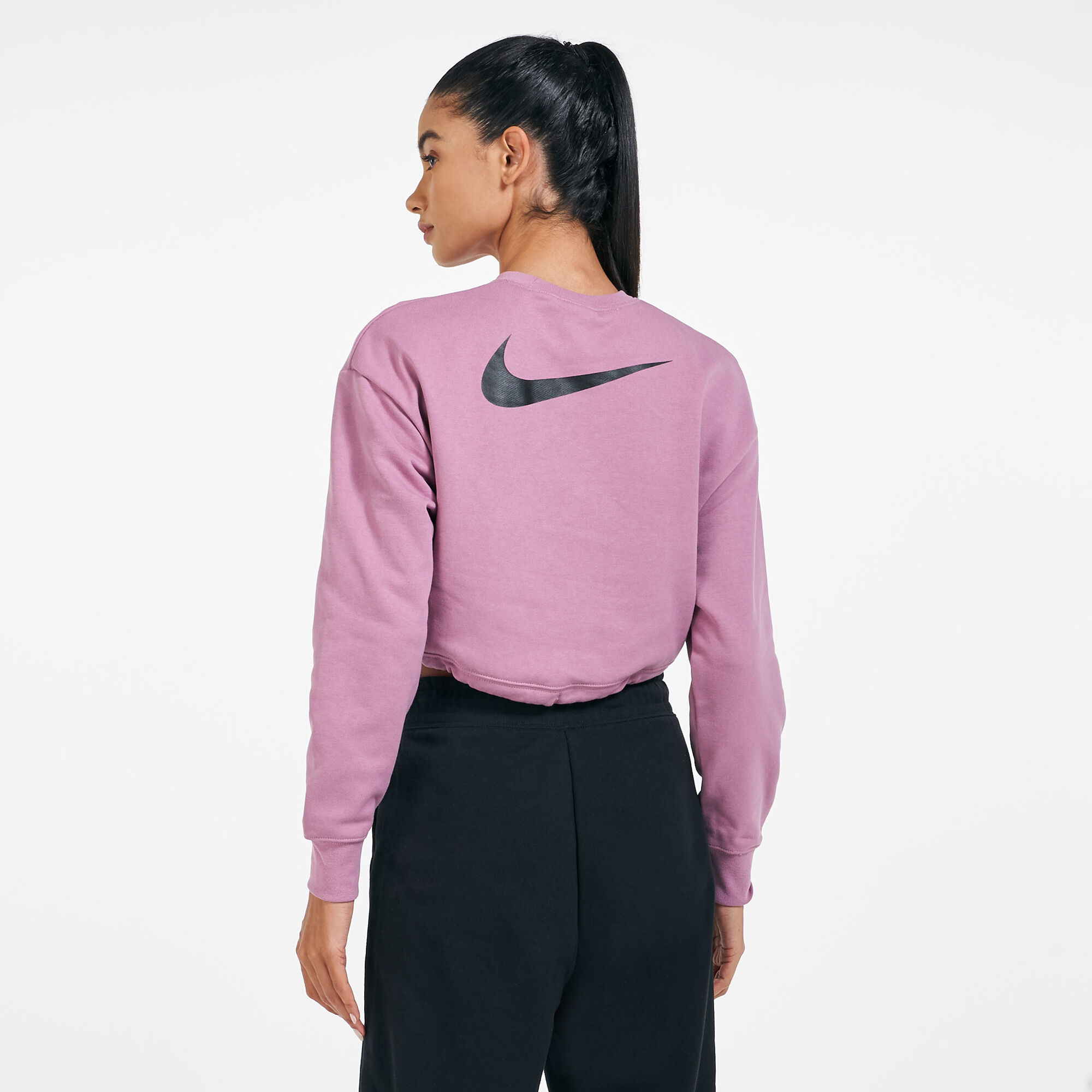 Nike elastic drawcord cropped 2025 mini swoosh purple sweatshir