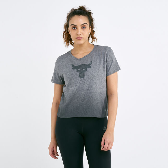 Women's Under Armour Project Rock Bull Tshirt-Grey- Small