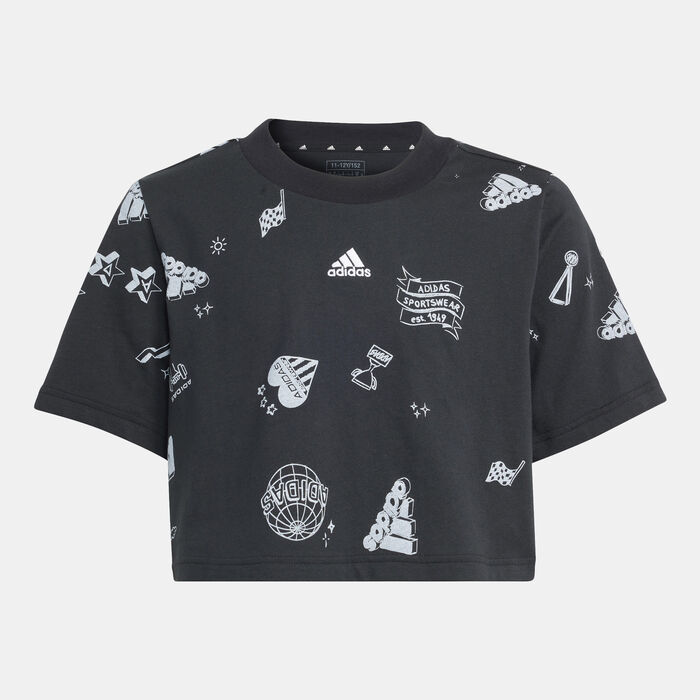 adidas Kids' Brand Love Allover Print Crop T-Shirt Black image number 0