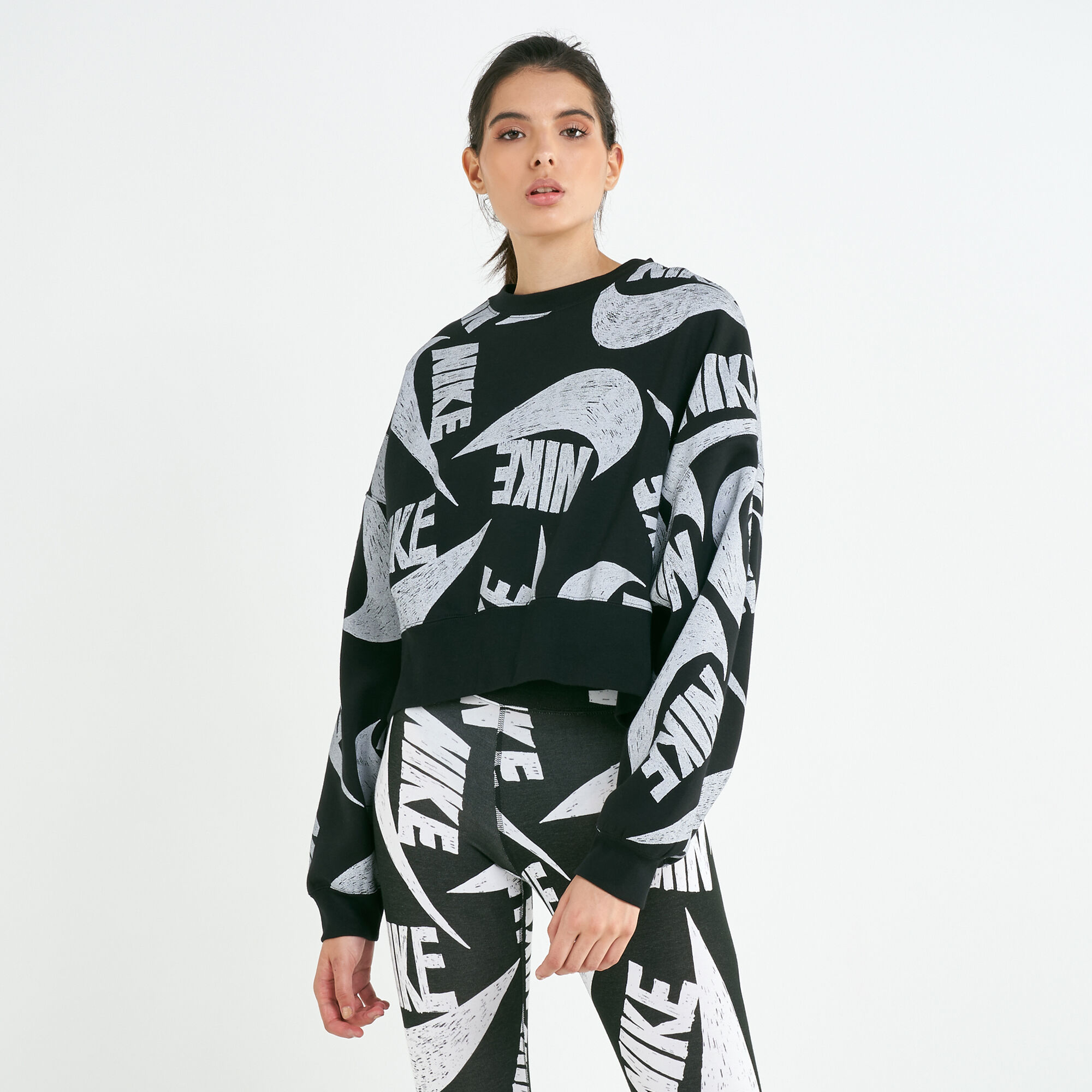 Nike all over top print swoosh crew sweatshirt