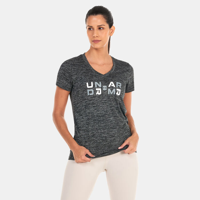 Under Armour Women's UA Tech™ Twist Graphic V-Neck T-Shirt Black Under Armour Women's UA Tech™ Twist Graphic V-Neck T-Shirt Black image number 0